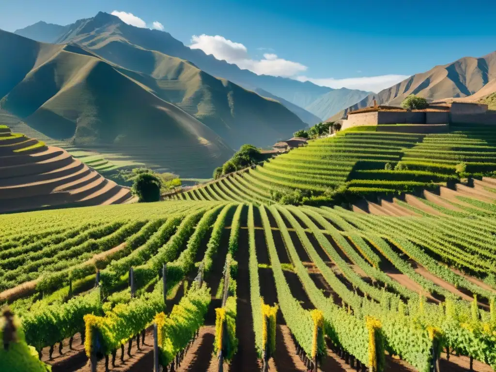 Un viñedo orgánico exuberante en Perú, destilados sostenibles de Perú, armonía entre naturaleza y tradición