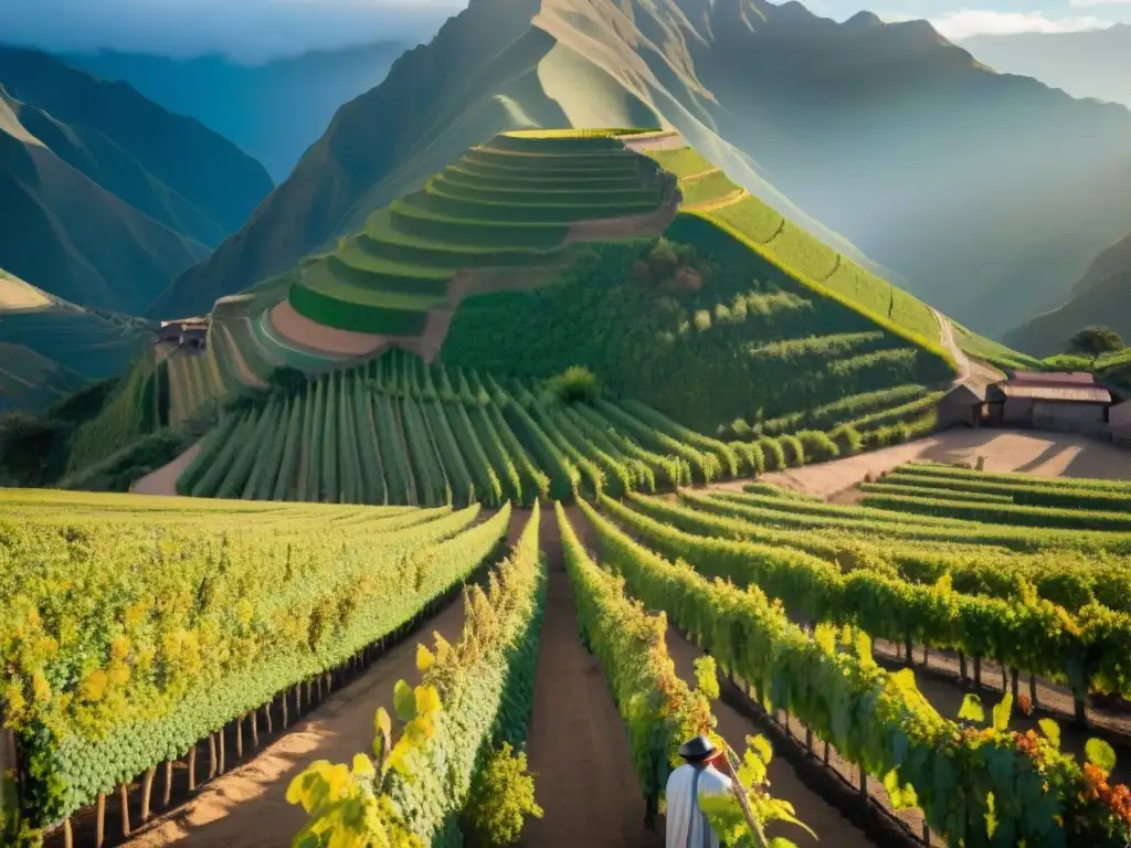 Un viñedo peruano al amanecer, donde un agricultor local inspecciona uvas, reflejando el cuidado en el origen y elaboración del pisco