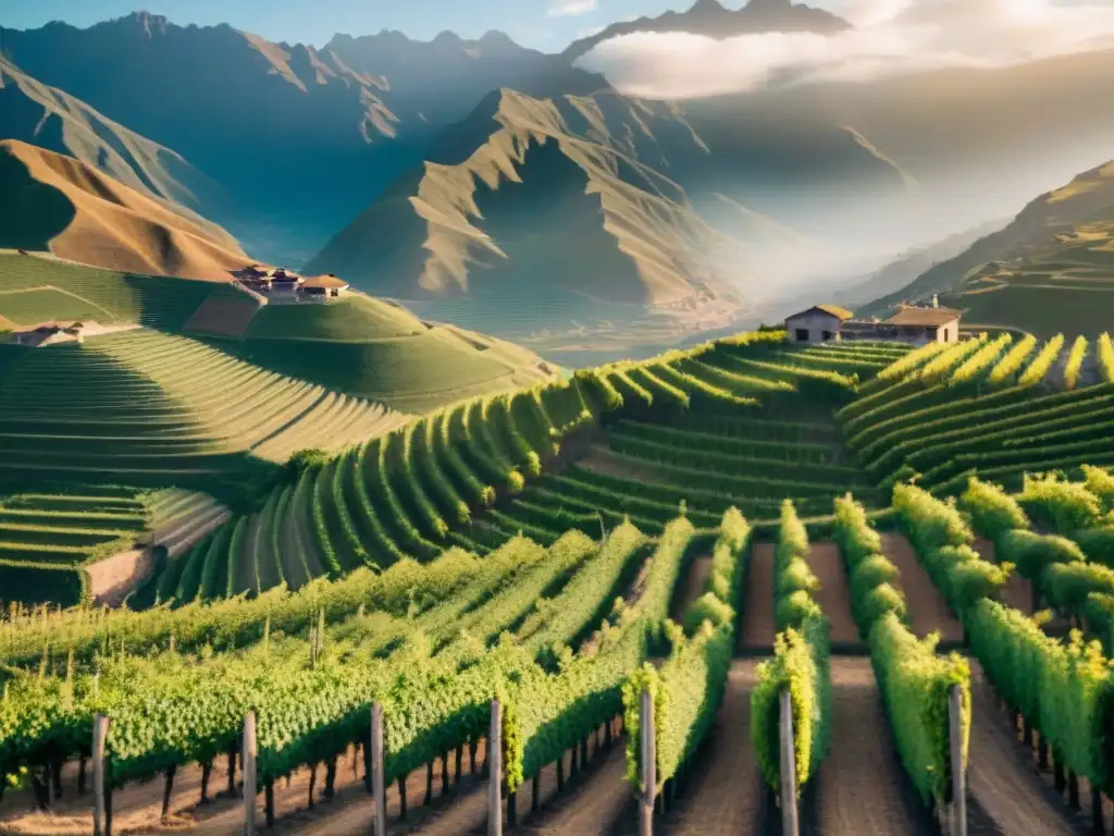 Viñedo peruano al atardecer con agricultores recolectando uvas, en las montañas andinas