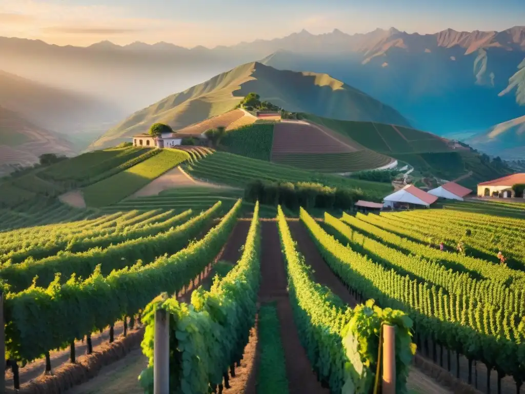 Viñedo peruano al atardecer, cosecha con los Andes de fondo