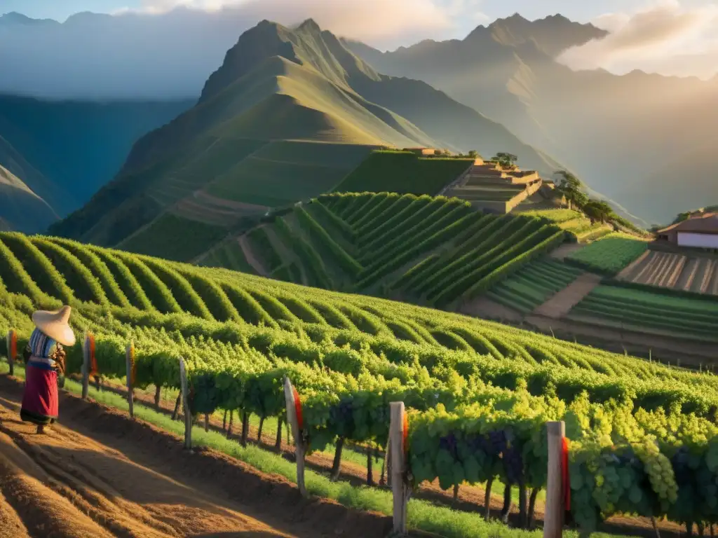 Un viñedo peruano al atardecer, con un recolector cosechando uvas bajo un cielo multicolor y los Andes de fondo