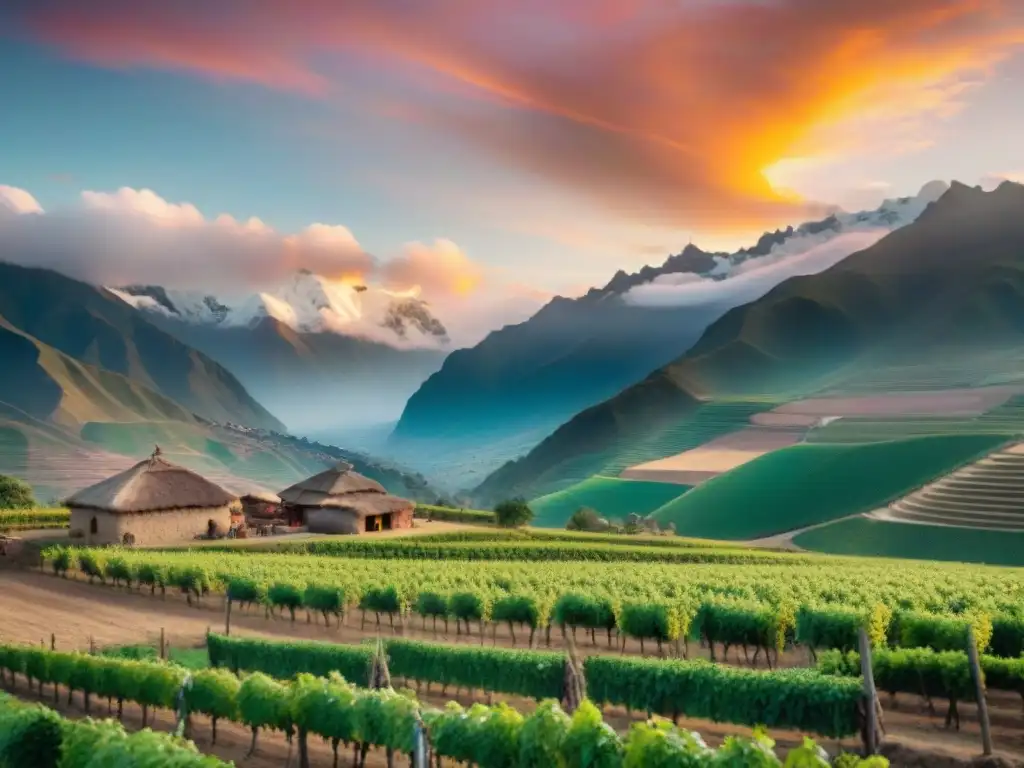 Viñedo peruano al atardecer en los Andes, con trabajadores cosechando uvas en un ambiente tradicional