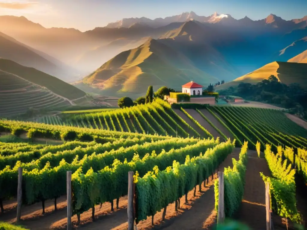 Viñedo peruano al atardecer con uvas maduras y la imponente cordillera de los Andes al fondo, resaltando la belleza de Piscos y vinos peruanos recetas