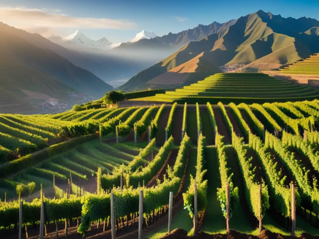 Viñedo peruano al atardecer con viñedos verdes y la cordillera de los Andes al fondo