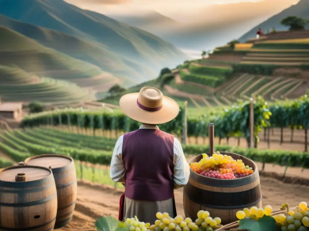 Un viñedo peruano al atardecer con un viticultor inspeccionando las uvas maduras