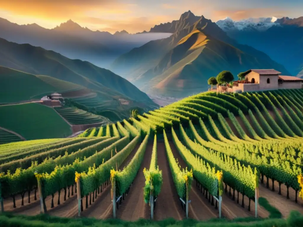 Viñedo peruano colorido al atardecer con trabajadores cosechando uvas, destilería de Pisco y Andes al fondo