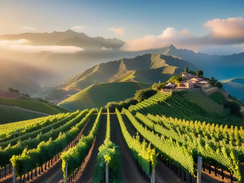 Un viñedo peruano exuberante al atardecer, con los Andes de fondo