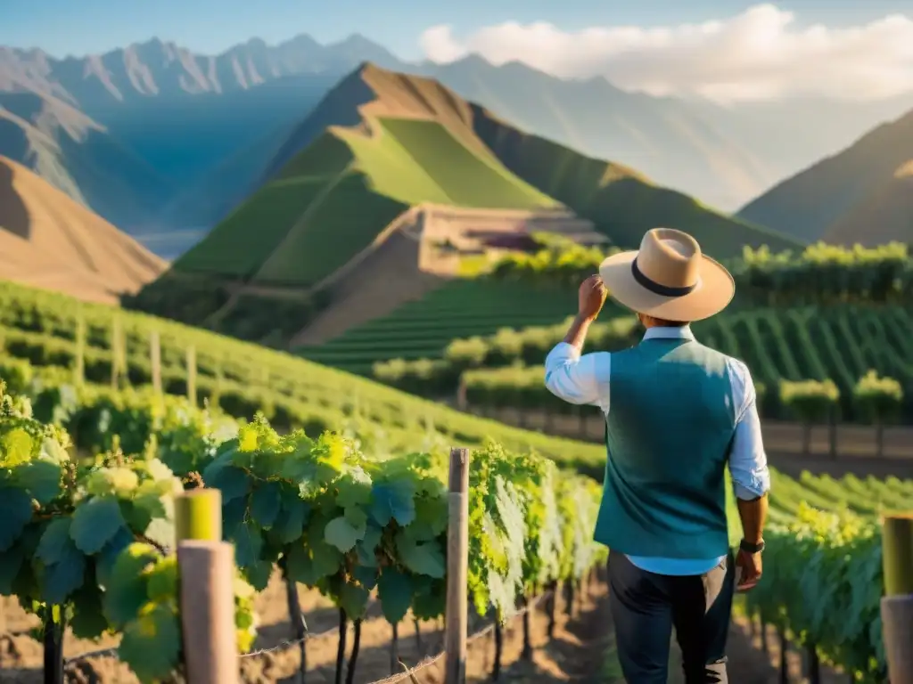 Un viñedo peruano al amanecer, con filas de vides verdes y un agricultor inspeccionando uvas madurando, destacando la belleza y tranquilidad