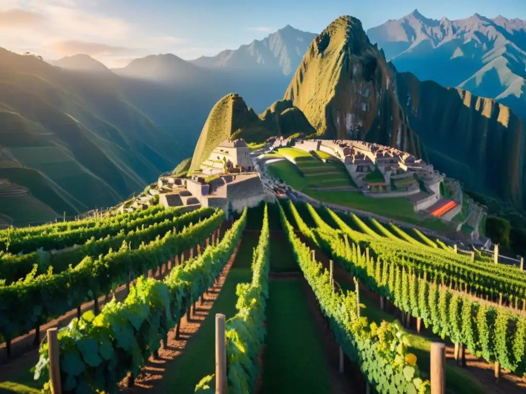 Viñedo peruano al amanecer con los Andes de fondo, campesinos cosechando uvas