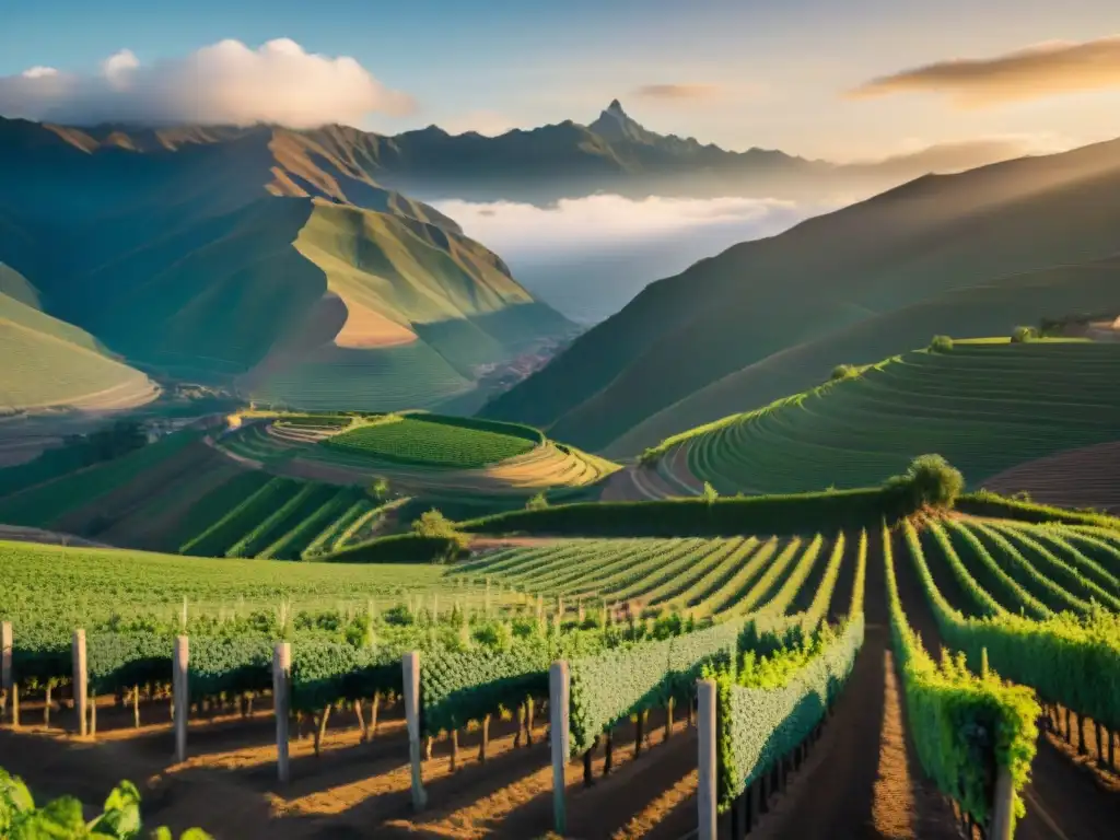 Vinedo peruano al amanecer con los Andes de fondo, destilados sostenibles de Perú