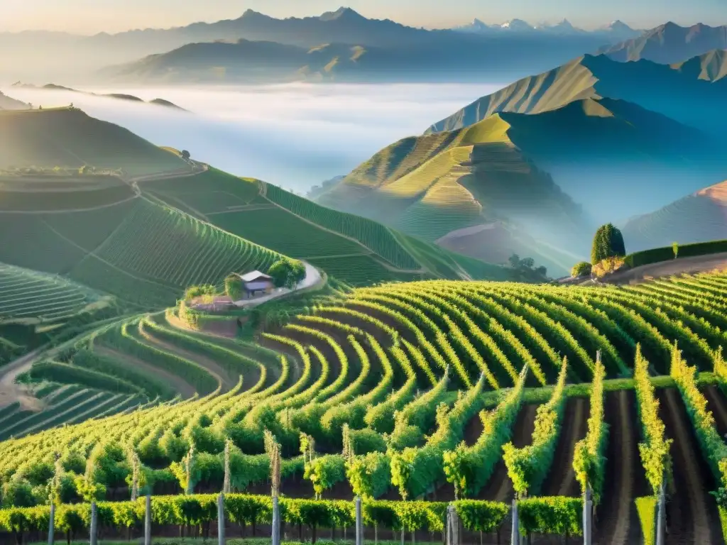 Viñedo peruano al amanecer con la majestuosa cordillera de los Andes de fondo