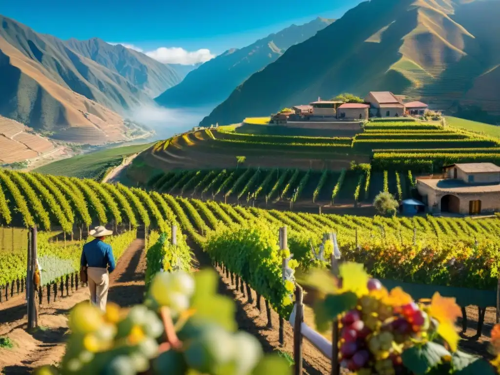 Un viñedo peruano en otoño, con uvas maduras brillando bajo el sol, trabajadores atentos y colinas verdes