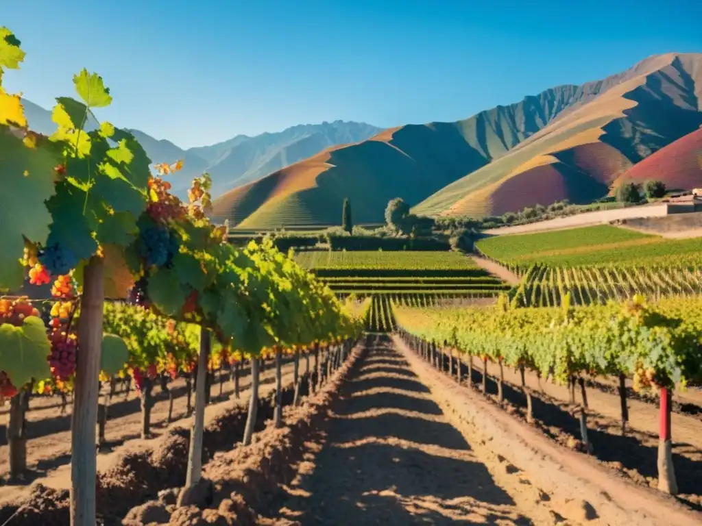 Un viñedo peruano en otoño con vides coloridas y una bodega de adobe, ideal para vinos peruanos recomendados para estaciones