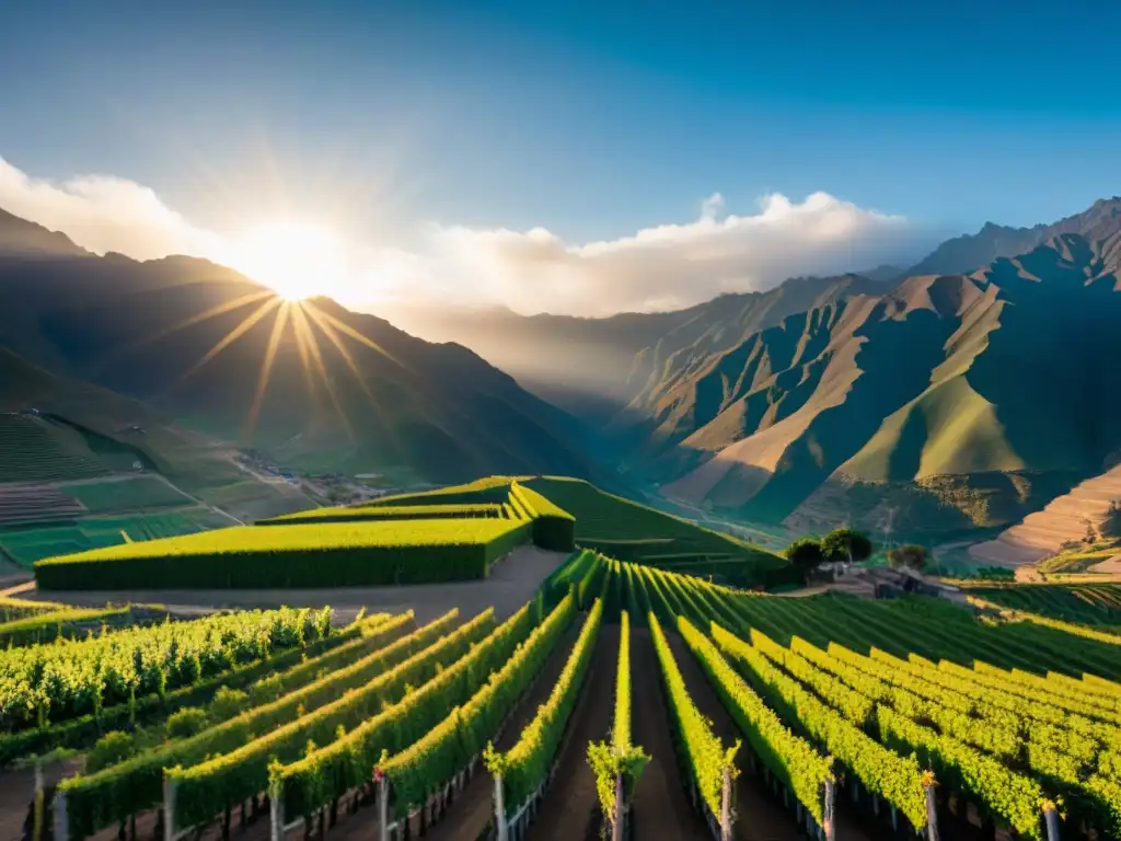 Viñedo peruano al amanecer con sistema de riego contra el cambio climático