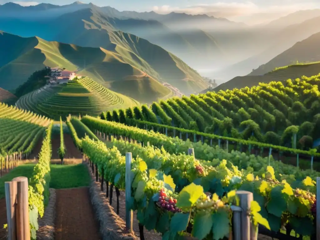 Viñedo peruano al amanecer: uvas verdes, montañas brumosas y la belleza de los piscos y vinos peruanos en un mercado internacional