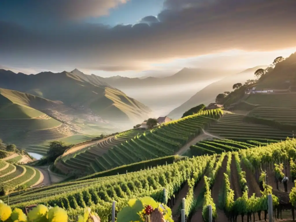 Viñedo peruano al amanecer con vides exuberantes y montañas andinas, evocando vinos espumosos peruanos autóctonos