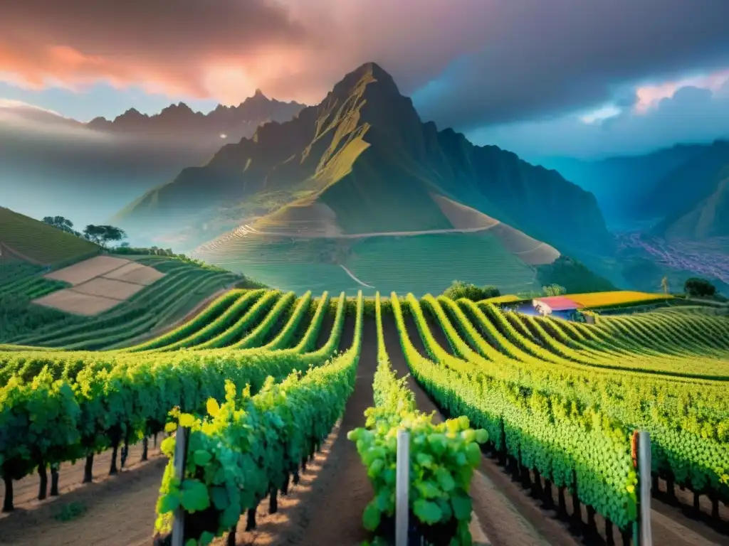 Un viñedo peruano al amanecer, con vides verdes y montañas al fondo