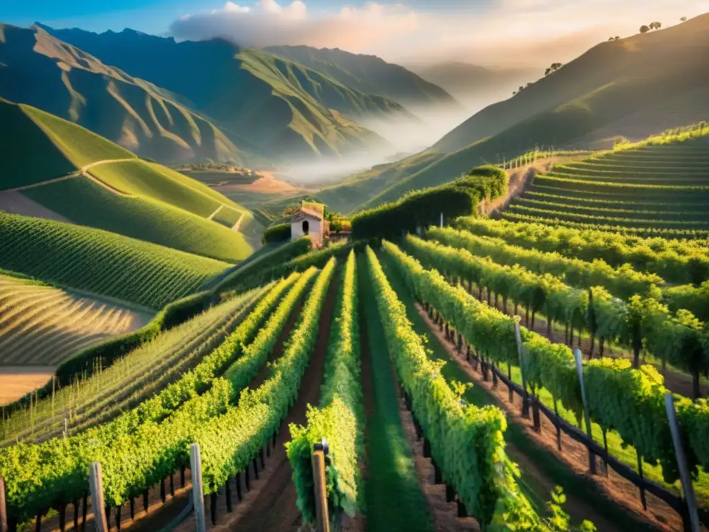 Viñedo pintoresco en Perú al atardecer, con viñas verdes y cielo azul, bañado por el cálido sol