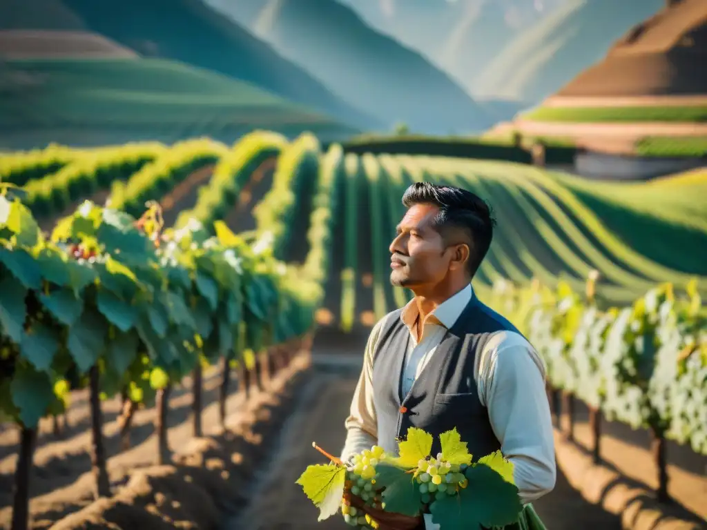 Un viñedo sereno al amanecer en Perú, donde un agricultor inspecciona uvas