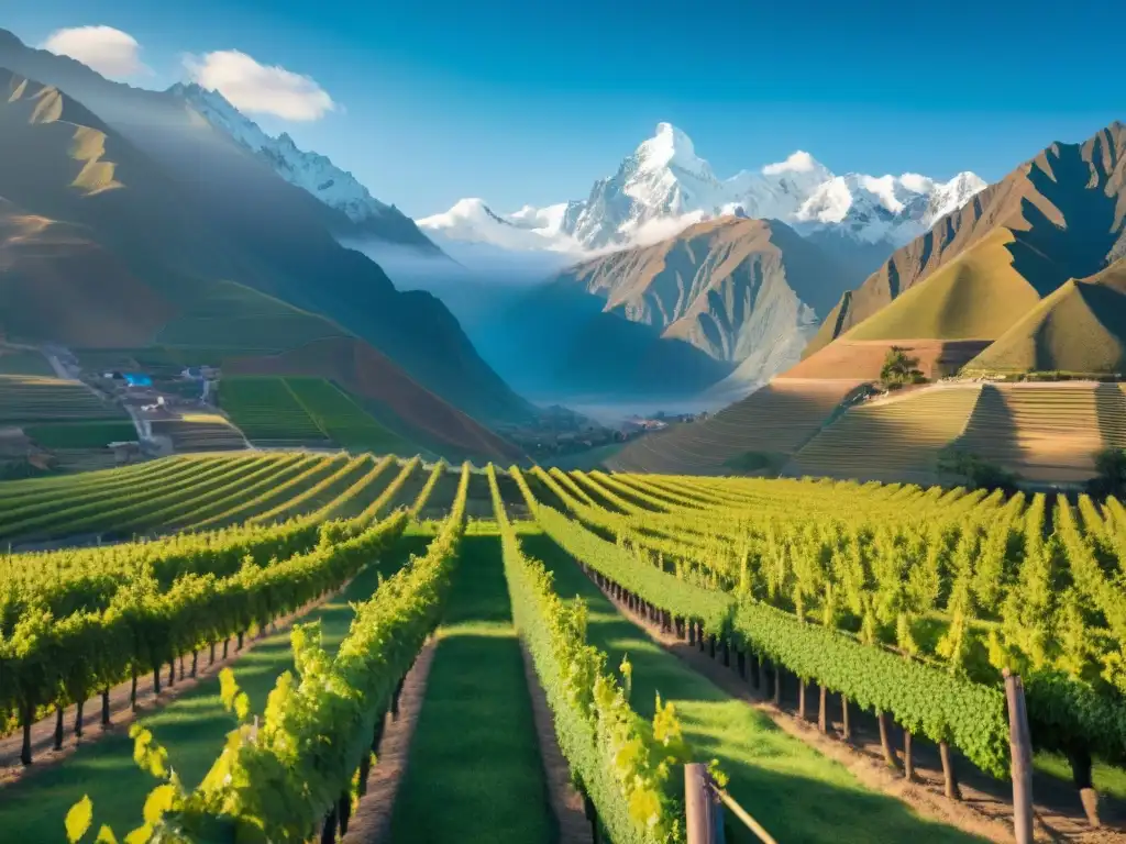 Viñedo soleado en Perú con montañas de los Andes de fondo, agricultores locales y uvas maduras