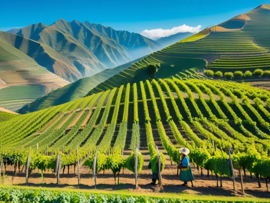 Un viñedo sostenible en la campiña peruana, con agricultores locales cuidando las vides