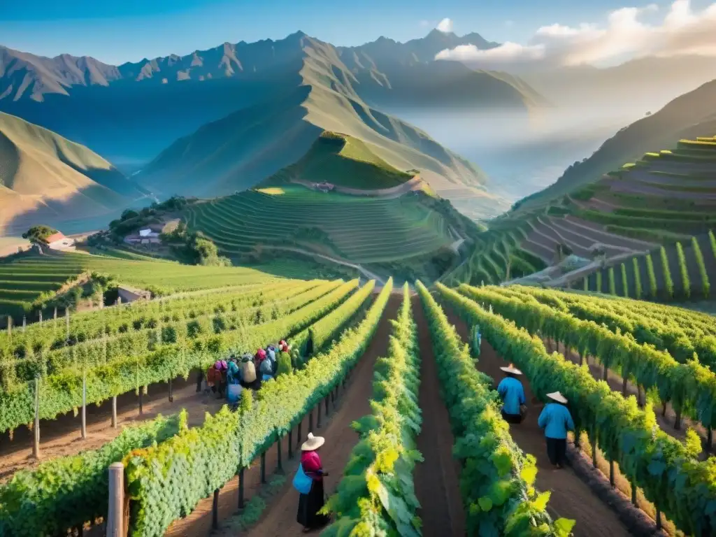 Un viñedo tradicional en Perú al amanecer, agricultores locales cuidan las vides con los Andes de fondo: piscos vinos peruanos mercado internacional