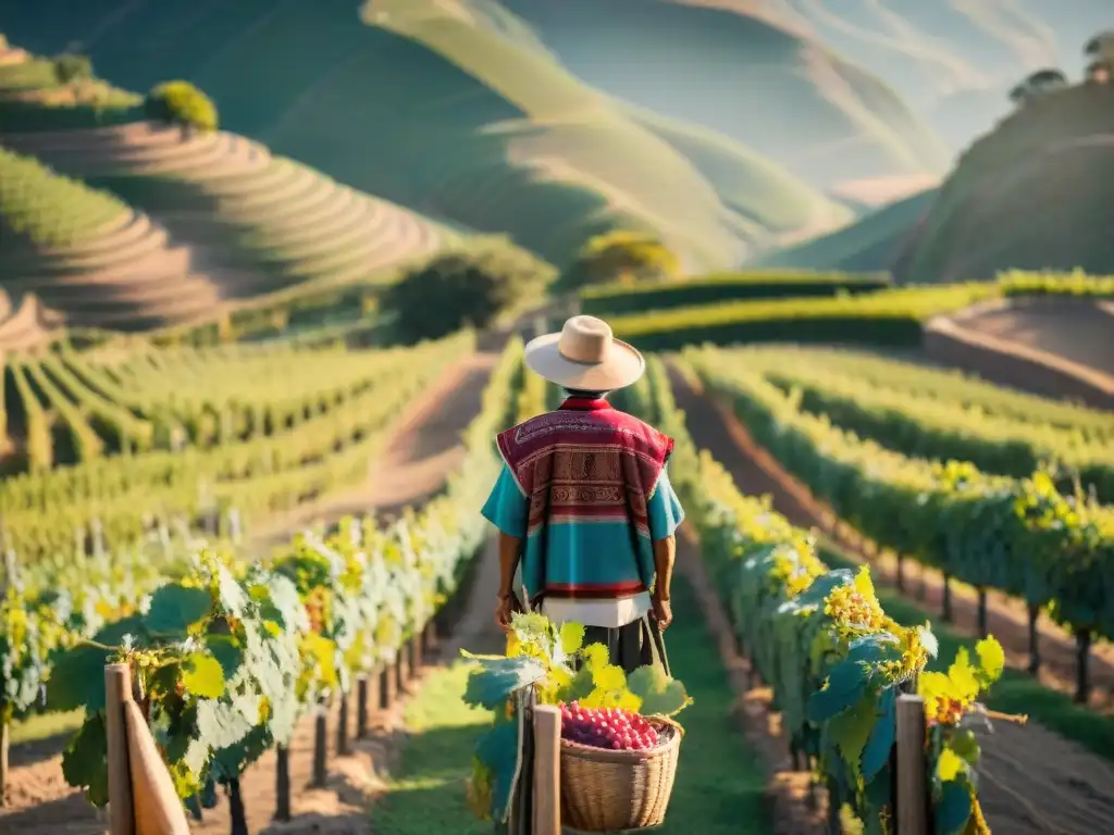 Un viñedo tradicional peruano al amanecer, con un agricultor inspeccionando uvas