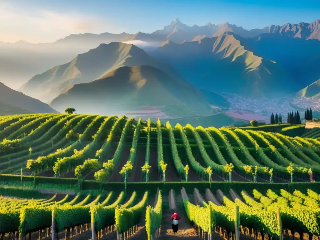 Un viñedo tradicional peruano al amanecer con un agricultor local cuidando las vides, destacando la belleza natural de la región