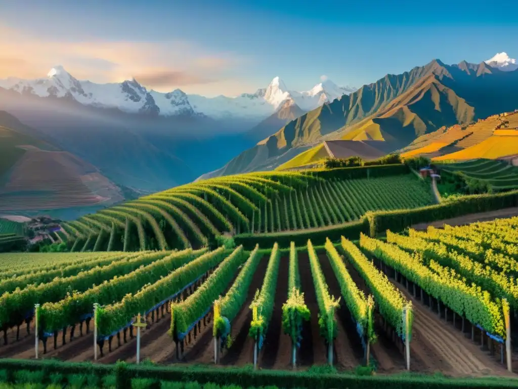 Viñedo tradicional peruano al atardecer con los Andes de fondo