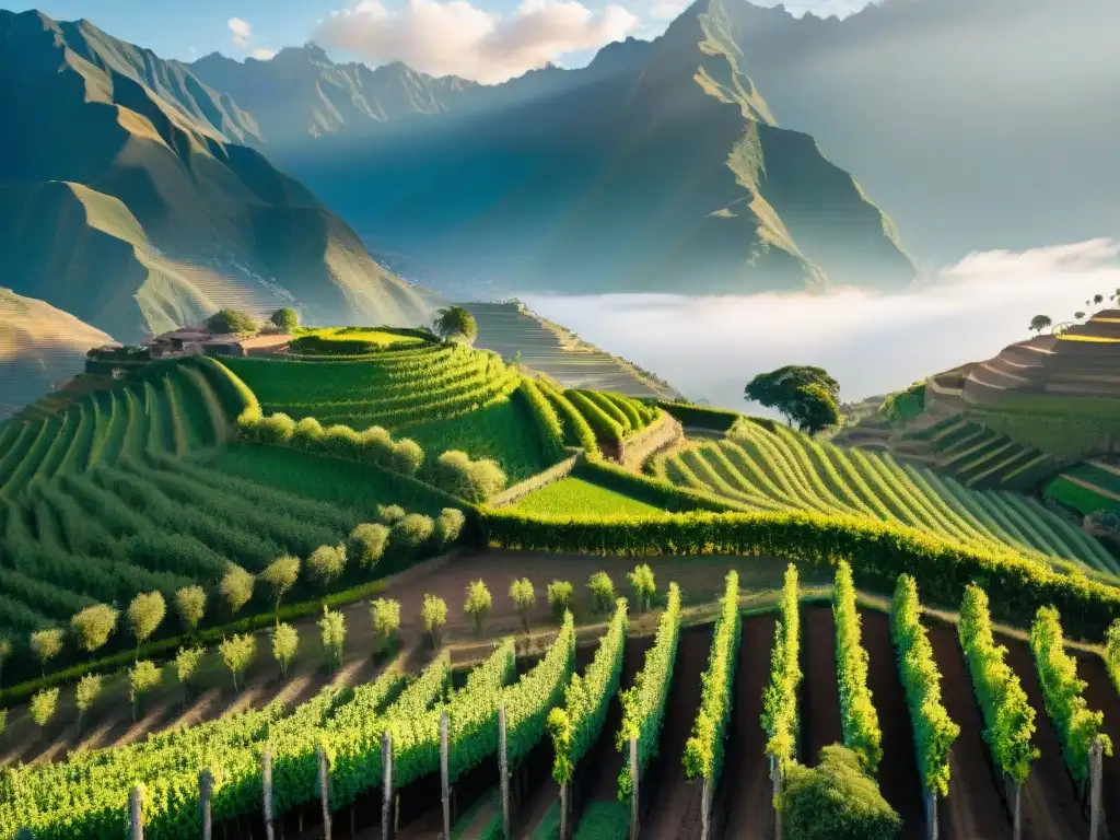 Un viñedo tradicional peruano al atardecer, con filas de vides verdes y los Andes al fondo