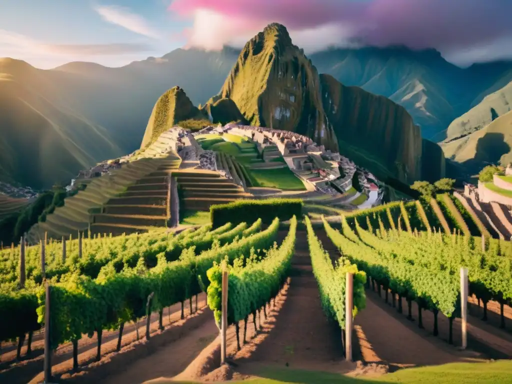 Un viñedo tradicional peruano al atardecer, con filas de viñas bajo un cielo vibrante