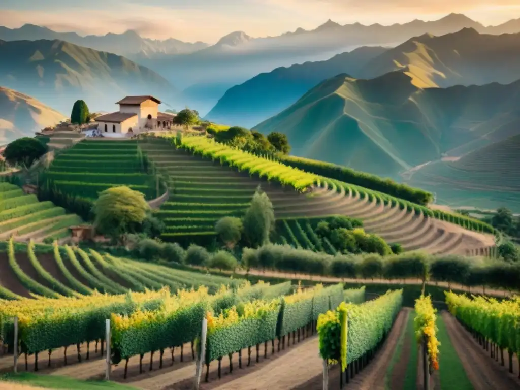 Viñedo tradicional peruano al atardecer con trabajadores cosechando uvas, Andes de fondo