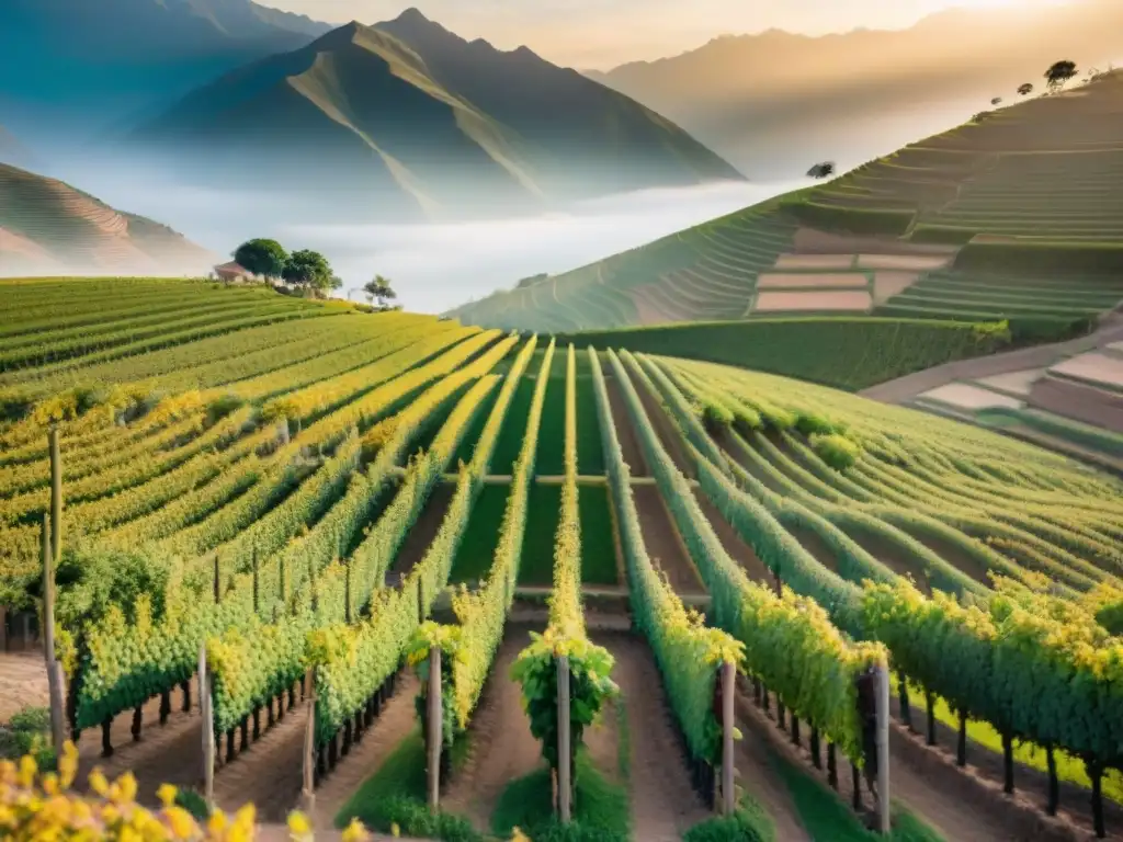 Un viñedo tradicional peruano al atardecer con agricultores locales cuidando las vides