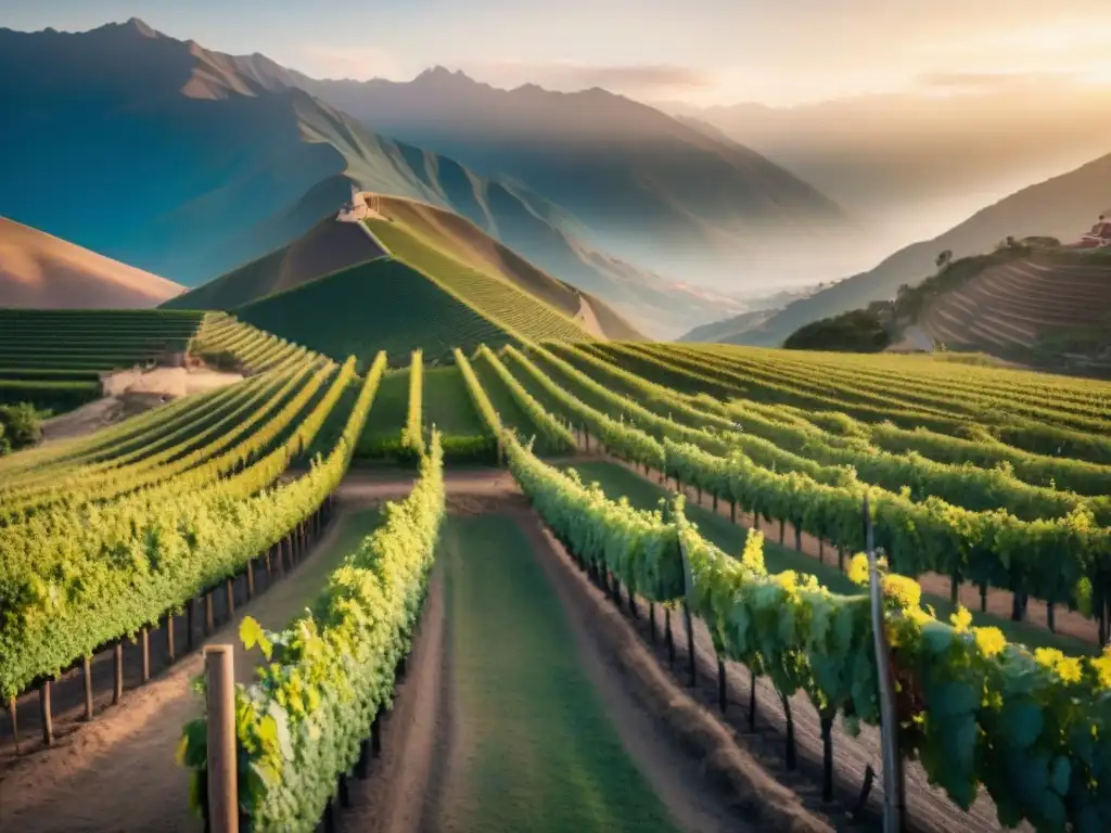 Viñedo tradicional peruano al atardecer con trabajadores y la majestuosa cordillera de los Andes al fondo