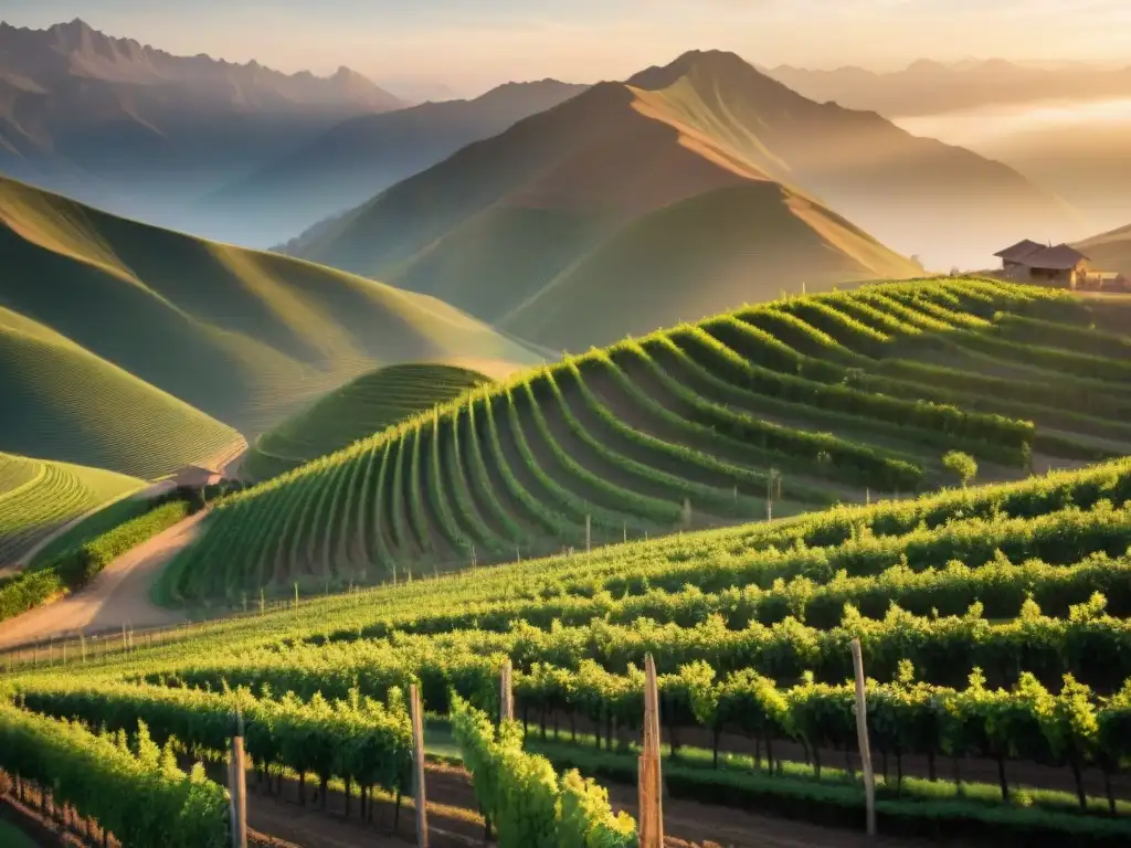 Un viñedo tradicional peruano al atardecer, reflejando la belleza natural y el cuidado en el cultivo de las uvas para pisco