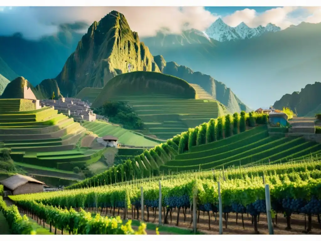 Un viñedo tradicional peruano al amanecer, con la cordillera de los Andes de fondo y agricultores locales cosechando uvas a mano