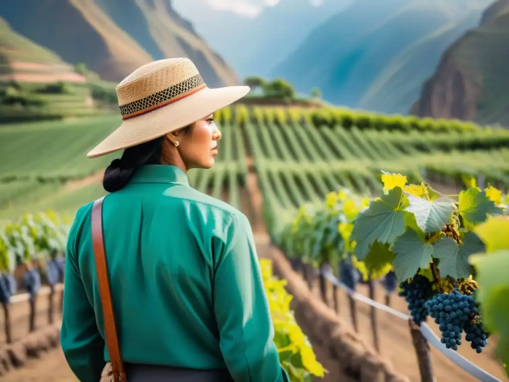 Un viñedo tradicional peruano en Ica, Perú, con filas de vides verdes bajo el sol brillante