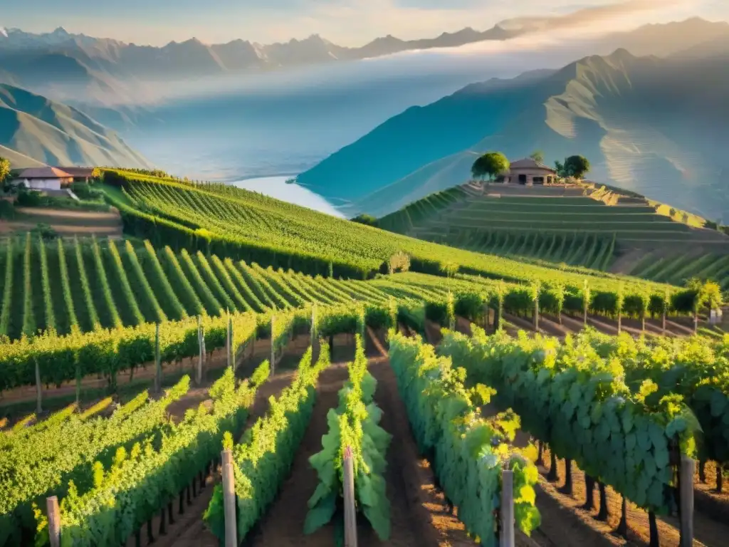 Viñedo tradicional peruano al amanecer, con la majestuosa cordillera de los Andes de fondo