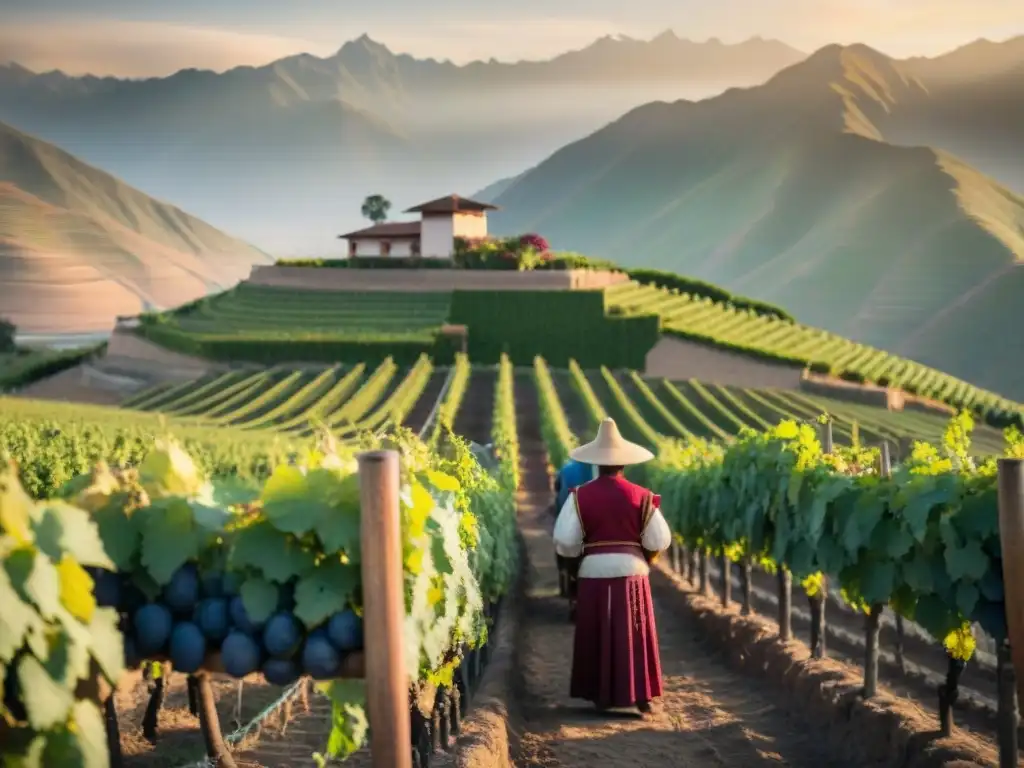 Viñedo tradicional peruano al amanecer, con trabajadores en la producción de vino y prensa de madera