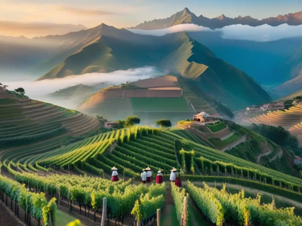 Viñedo tradicional peruano al amanecer con trabajadores locales inspeccionando las vides, pájaros coloridos y los imponentes Andes