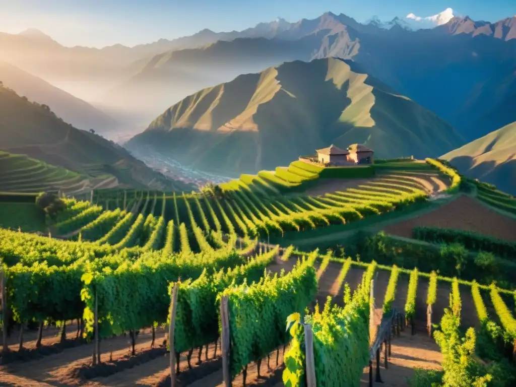 Viñedo tradicional peruano al amanecer, con uvas maduras y montañas de los Andes al fondo