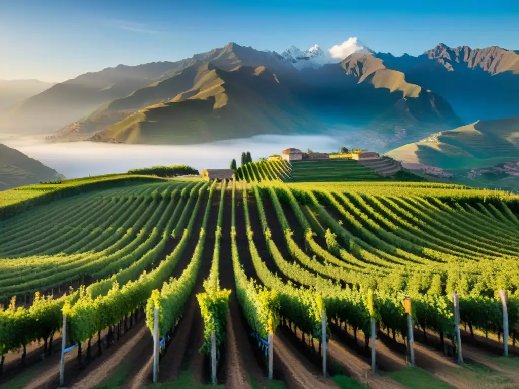 Un viñedo tradicional peruano al amanecer, con uvas maduras y majestuosos Andes