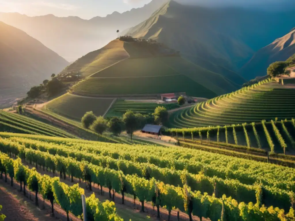 Viñedo vibrante en Perú al atardecer, con trabajadores y la imponente cordillera