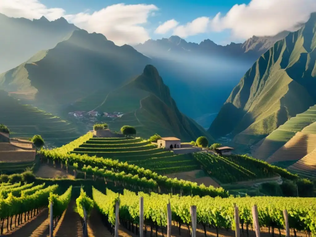 Un viñedo vibrante en Perú con los Andes de fondo, donde se producen los mejores vinos y piscos peruanos