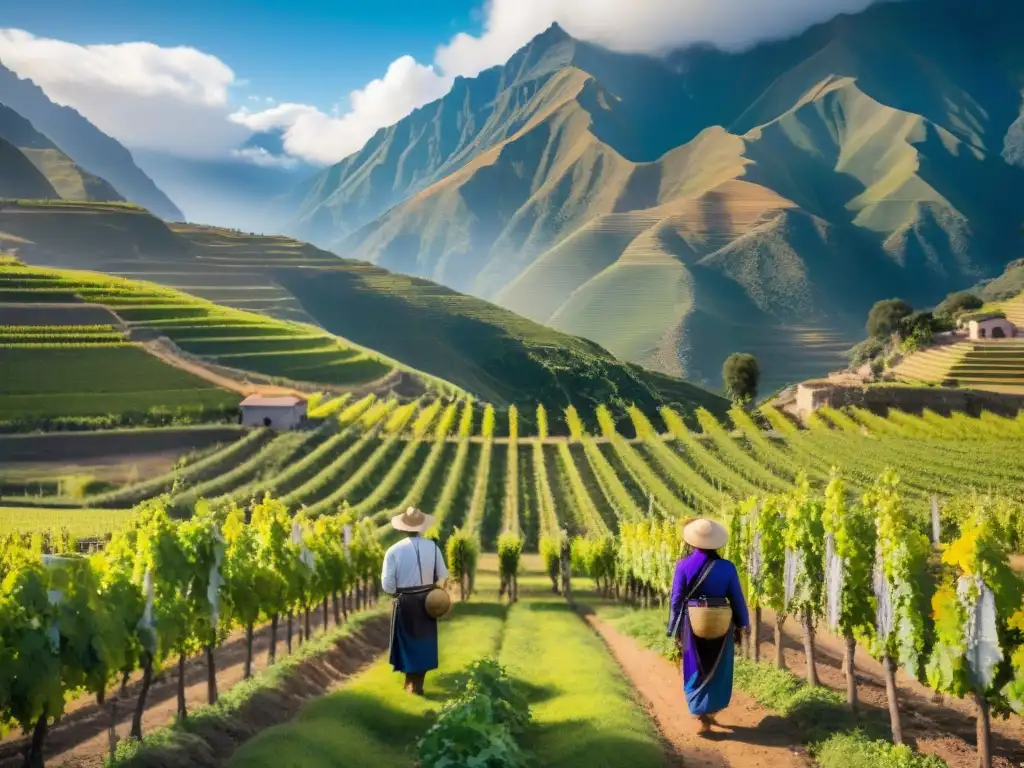 Viñedos andinos en Perú: uvas púrpuras brillantes entre montañas nevadas y trabajadores en trajes tradicionales