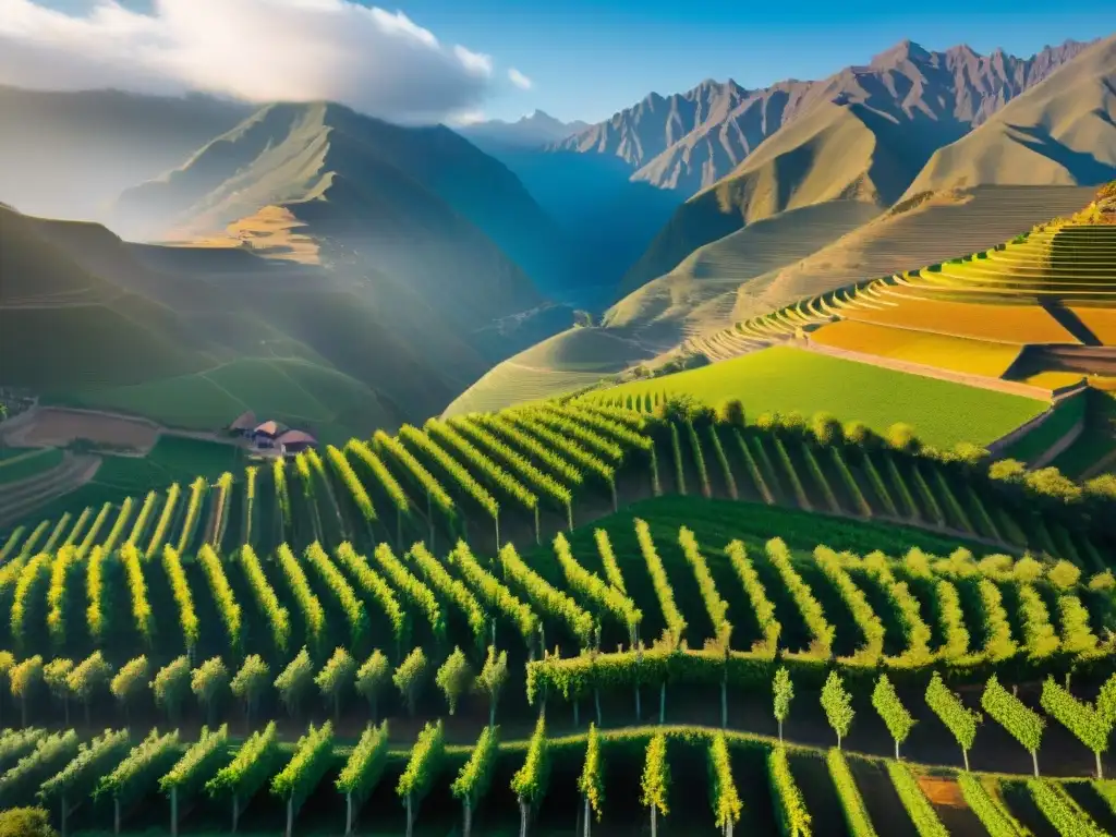 Viñedos antiguos en valles soleados de Perú, con agricultores cuidando uvas para la historia del pisco peruano