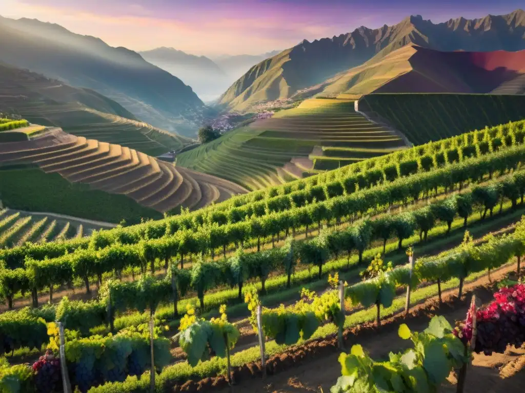 Viñedos de Perú al atardecer con los Andes de fondo