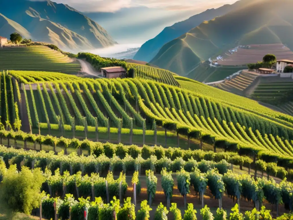 Viñedos de Perú al atardecer con uvas verdes y los Andes de fondo