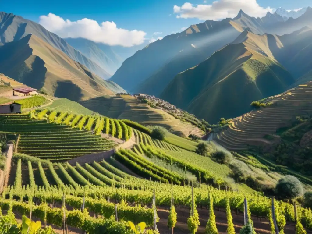 Viñedos bañados por el sol de una pequeña productora de vino en Perú, con trabajadores y la imponente Cordillera de los Andes al fondo