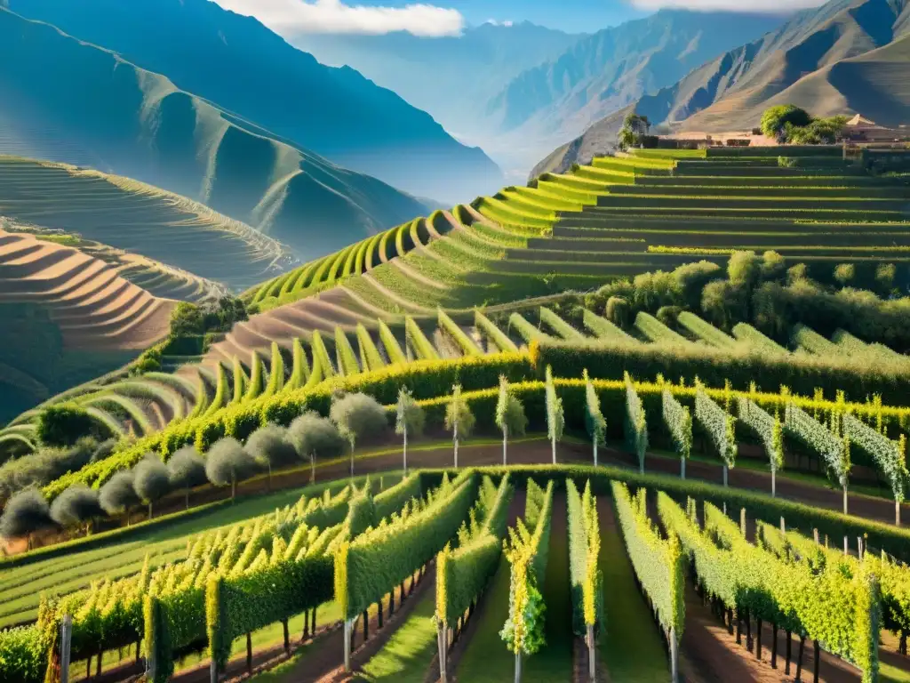 Viñedos emblemáticos de Perú: Vistas aéreas de viñedos verdes rodeados de palmeras con una hacienda adobe al fondo y montañas andinas nevadas